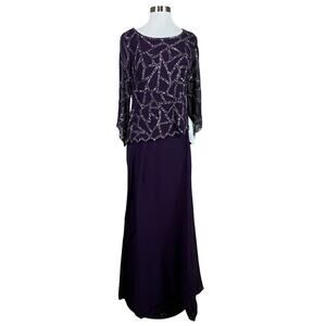 JKara Beaded Chiffon Long Sleeve A-Line Evening Gown Purple Size 6 Formal Dress
